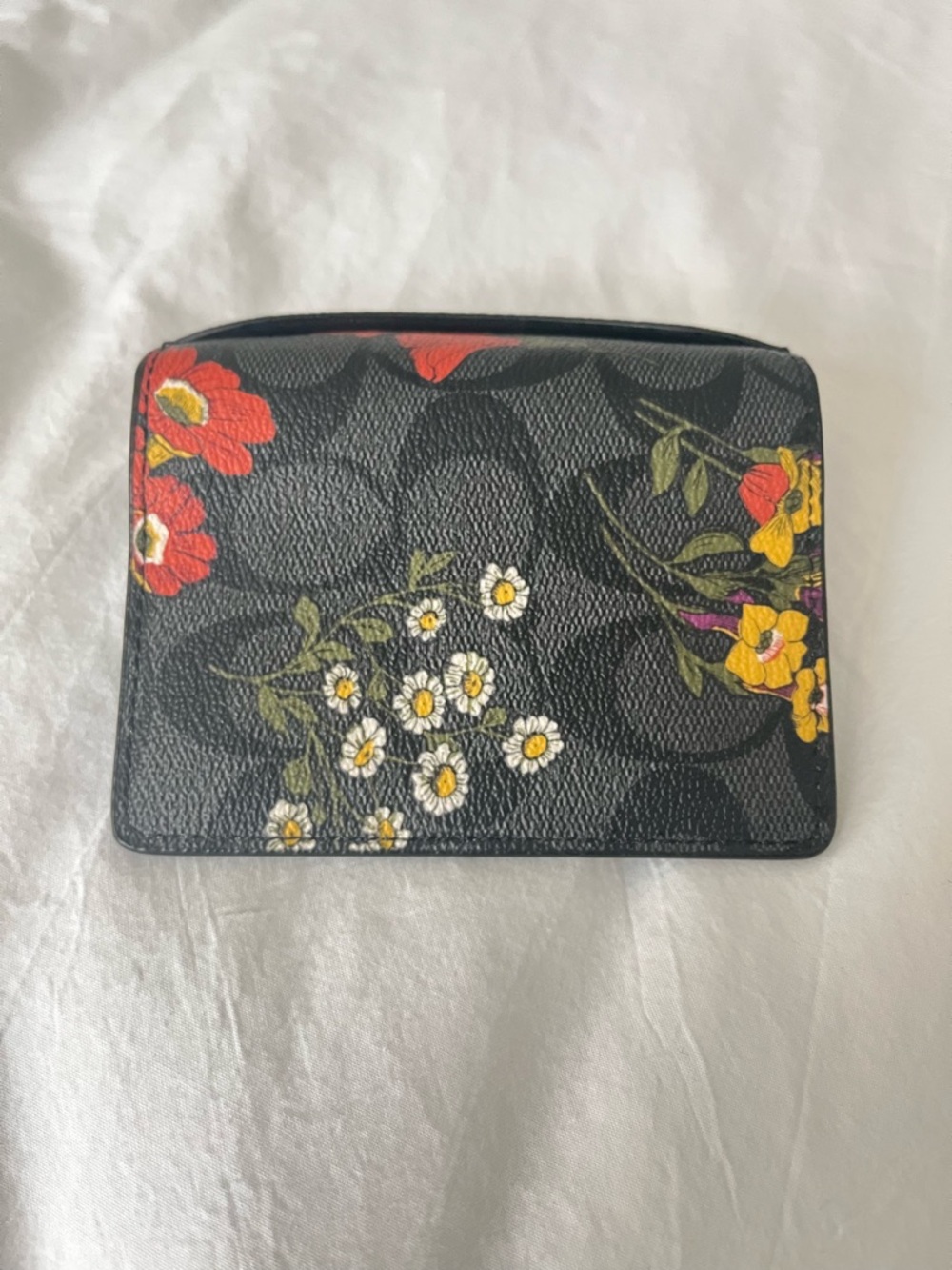 Coach Charcoal Signature Floral Leather ID Card Wallet